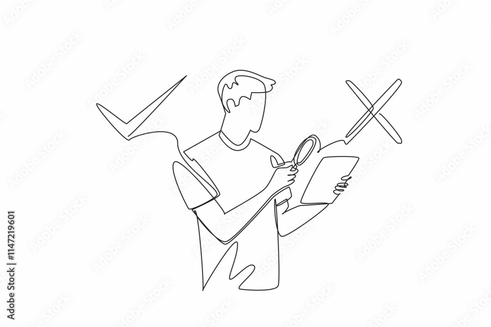 Poster continuous one line drawing a man points a magnifier at a tab he is holding. checking the truth of t