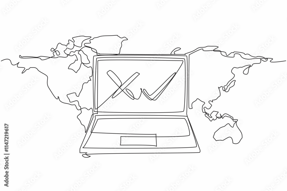 Poster continuous one line drawing checklist symbol on laptop screen with world map background. checking th