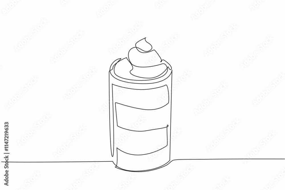 Poster single continuous line drawing one glass of chocolate mousse with layers of color topped with whippe