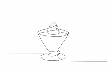 Single one line drawing one cone glass of chocolate mousse with whipped cream topping and raspberry. Perfect for summer. National Chocolate Mousse Day. Continuous line design graphic illustration