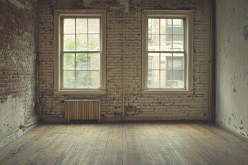 Empty corner studio apartment with damaged brick walls and muted lighting in urban setting