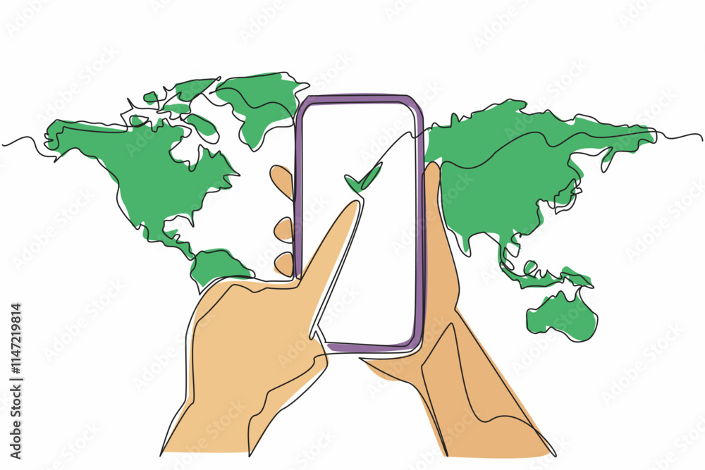 Poster single continuous line drawing hand holding a smartphone which has a checklist symbol on the screen.