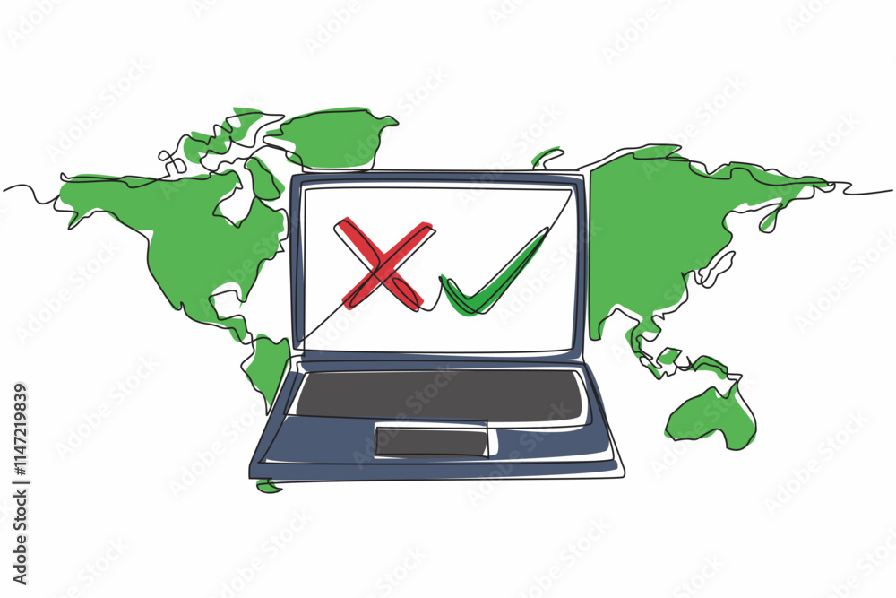 Poster continuous one line drawing checklist symbol on laptop screen with world map background. checking th