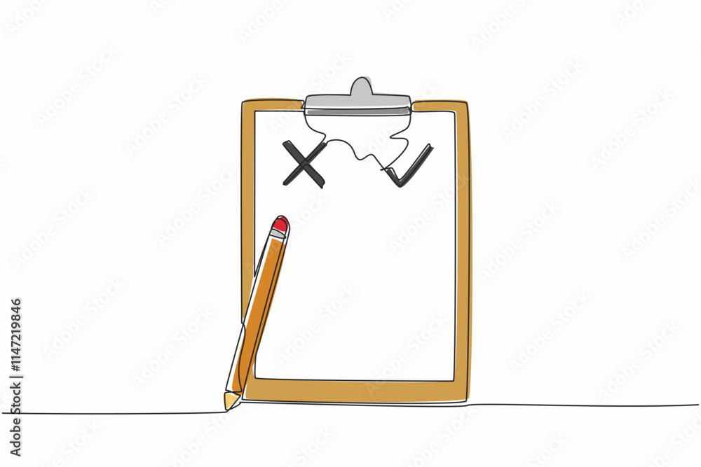 Poster single one line drawing clipboard with check mark and x symbol. list truth in detail. avoid lies. an