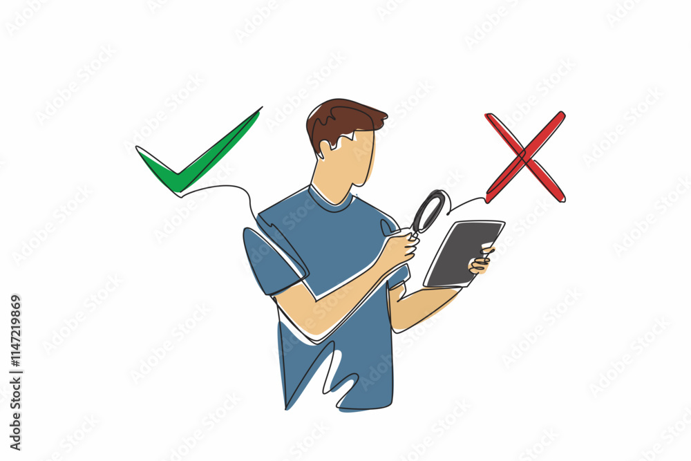 Poster continuous one line drawing a man points a magnifier at a tab he is holding. checking the truth of t