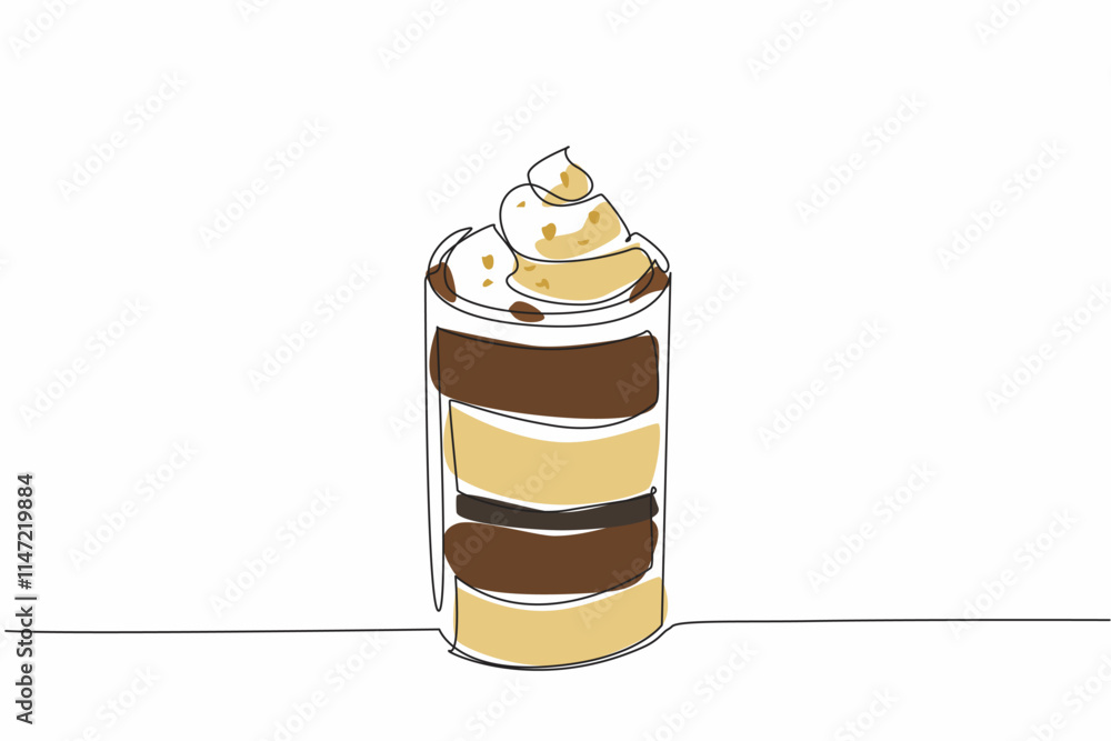 Poster single continuous line drawing one glass of chocolate mousse with layers of color topped with whippe