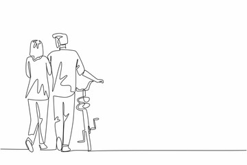 Single continuous line drawing old couple holding hands walking together. Old man leading a bicycle. Welcoming the dusk. A romance. Culture. National Walking Day. One line design vector illustration