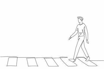 Continuous one line drawing man in casual clothes walking on zebra crossing. Leisurely walking activity. Orderly. Good habit. Culture. National Walking Day. Single line draw design vector illustration