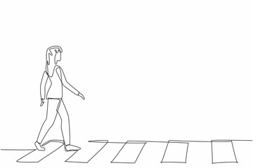 Continuous one line drawing young woman walking on zebra crossing. Good habit. Do not cross anywhere. Respect each other. Pedestrian. National Walking Day. Single line draw design vector illustration