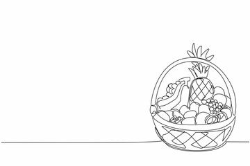 Continuous one line drawing fruit basket containing oranges, grapes, apples, pineapples and bananas. Parcels filled with vitamin C. National Vitamin C Day. Single line draw design vector illustration