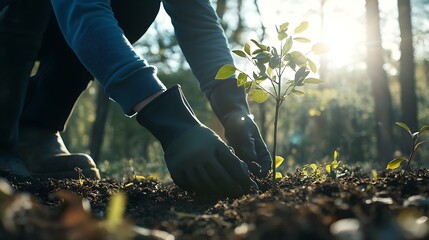 A person wearing gardening gloves and kneeling down, carefully placing a small tree into the ground, with sunlight filtering through the branches of mature trees in the background 