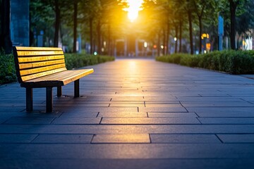 A serene park scene featuring a wooden bench along a sunlit pathway.