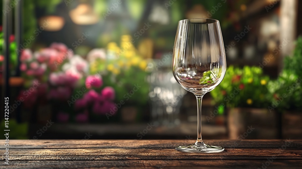 Poster closeup view of a pristine wine glass mockup with no branding set on a rustic wooden table in a clas