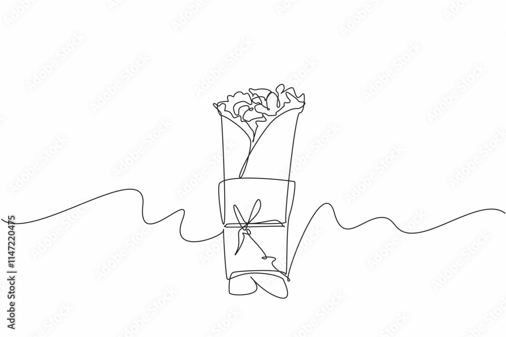 Poster single continuous line drawing burritos wrapped in rolls of paper and string. meals to take home. sa