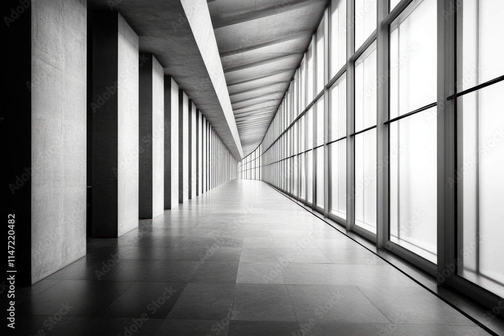 Poster a minimalist corridor with large windows, emphasizing light and space.