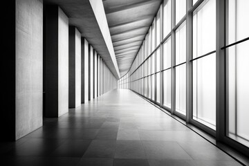 Fototapeta premium A minimalist corridor with large windows, emphasizing light and space.