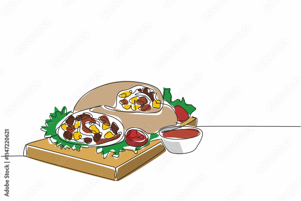 Poster single continuous line drawing 2 burritos stacked on a cutting board. serving with large portions. f