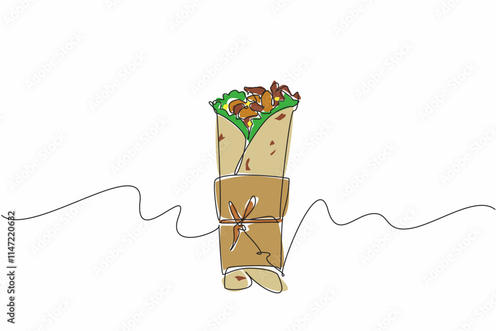 Poster single continuous line drawing burritos wrapped in rolls of paper and string. meals to take home. sa