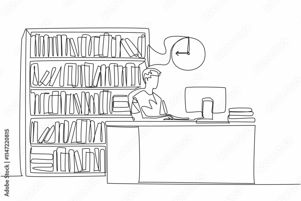Aufkleber continuous one line drawing male librarian sit in chair typing on keyboard. create book number to fa