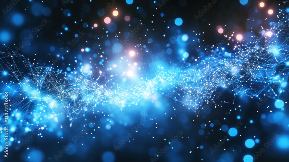 Poster abstract blue background with glowing connection lines and dots, a technology network concept