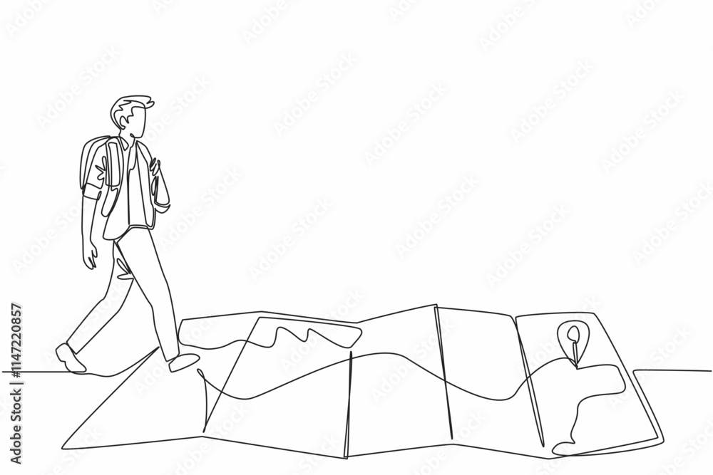 Poster continuous one line drawing a man with a backpack walks over a creased map. enough supplies. directi