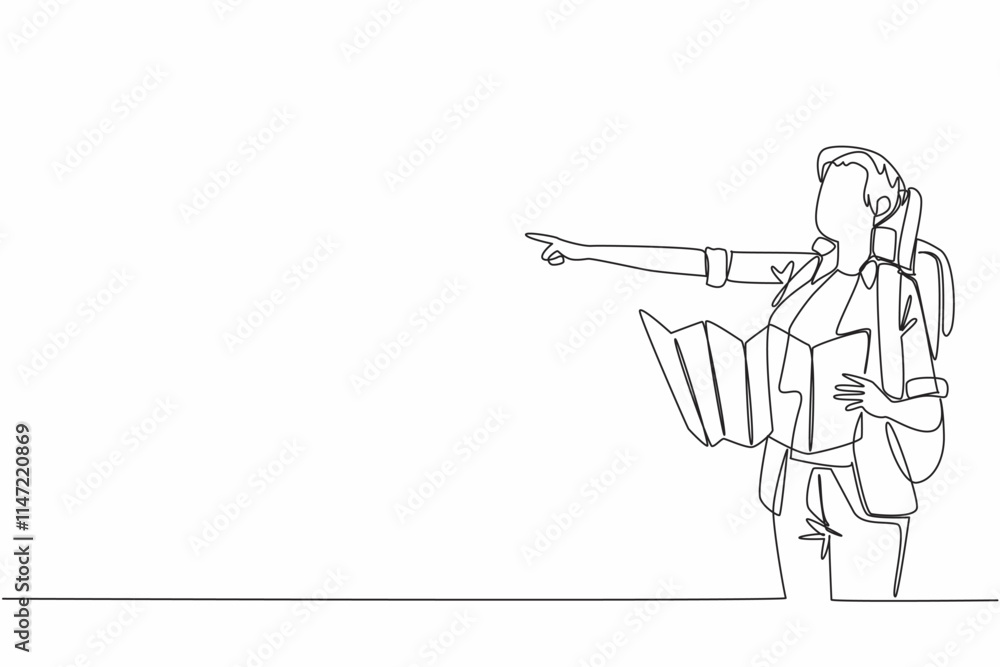 Poster single continuous line drawing a woman with backpack holding map while pointing. the direction to be