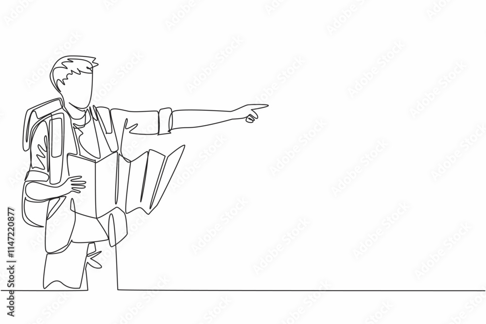 Poster continuous one line drawing a man with backpack holding map while pointing. read road directions and