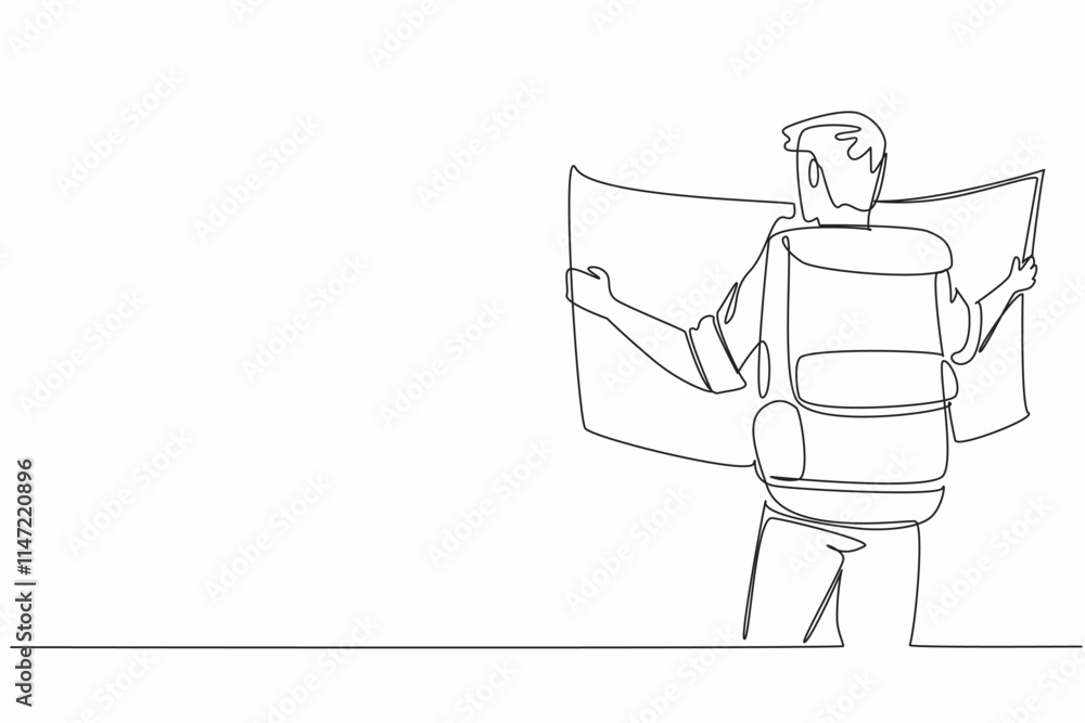 Aufkleber single continuous line drawing a man carrying large backpack while holding a large map. study the ro
