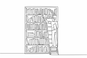 Single continuous line drawing a male librarian climbing bookshelf with ladder. Taking a book that is not in the right place. Sort. National School Librarian Day. One line design vector illustration