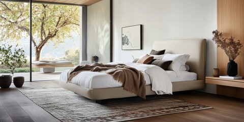 A large bed with a brown blanket