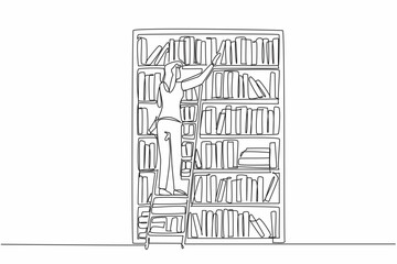 Single continuous line drawing female librarian climbing bookshelf with ladder. Tidying up messy books. For convenience of visitors. National School Librarian Day. One line design vector illustration
