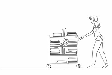 Single one line drawing female librarian pushing trolley full of books. Arranging books with the help of a trolley. Neatness. National School Librarian Day. Continuous line design graphic illustration
