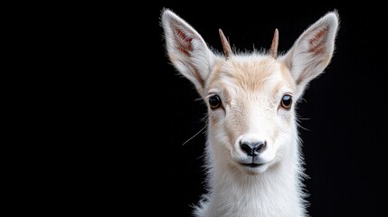 Obraz premium Close-up portrait of a young, light-colored deer with small antlers against a black background.