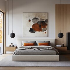A bedroom with a white bed and a large painting on the wall