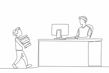 Single one line drawing boy carrying stack of books to male librarian. Work on recording books to be returned. Dedication. National School Librarian Day. Continuous line design graphic illustration