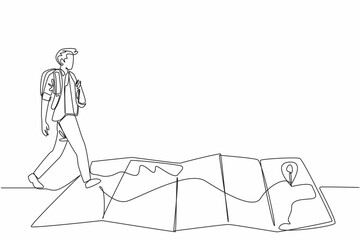 Continuous one line drawing a man with a backpack walks over a creased map. Enough supplies. Directions are there. Adventure. National Read a Road Map Day. Single line draw design vector illustration