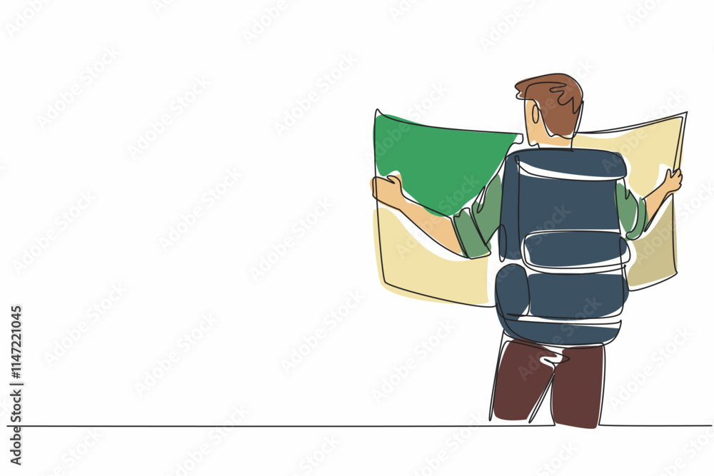 Aufkleber single continuous line drawing a man carrying large backpack while holding a large map. study the ro