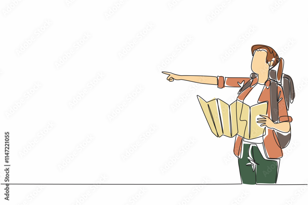 Poster single continuous line drawing a woman with backpack holding map while pointing. the direction to be