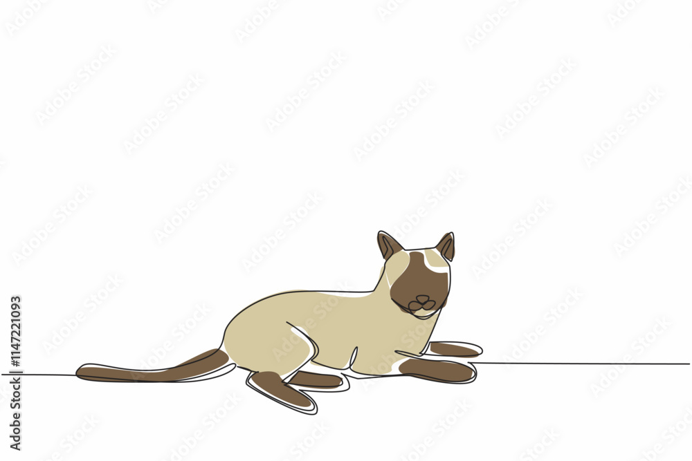 Poster continuous one line drawing the siamese cat posing casually. relax time. lazy to move. rest after ea