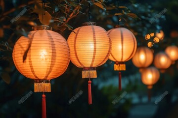 Obraz premium A serene display of glowing lanterns hanging in a garden, creating a warm, inviting atmosphere.
