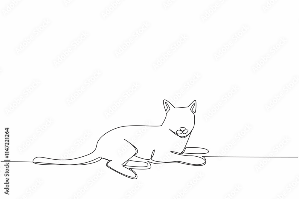 Poster continuous one line drawing the siamese cat posing casually. relax time. lazy to move. rest after ea