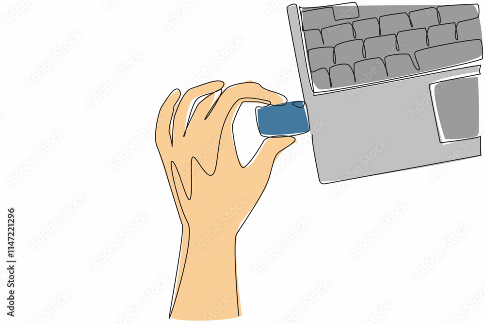 Aufkleber continuous one line drawing hand inserting a flash drive into the laptop. transferring important dat