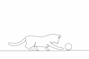 Single one line drawing siamese cat hitting a knitted ball. Curious about the movement of the ball. Adorable behavior. Happiness. National Siamese Cat Day. Continuous line design graphic illustration