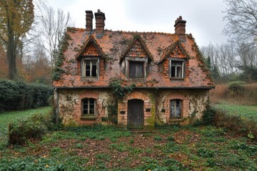 Fototapeta premium Renovation expert inspects an abandoned house surrounded by nature in a quiet setting