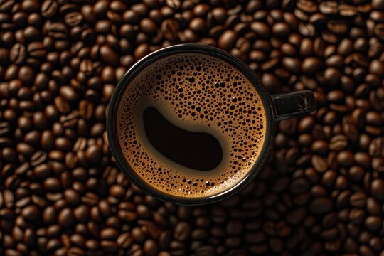Close up of a steaming cup of coffee surrounded by roasted coffee beans on a wooden background. Generative AI