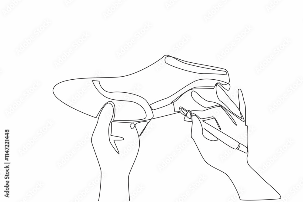Poster single continuous line drawing two hands drawing a pattern on surface of a shoe using a marker. beau