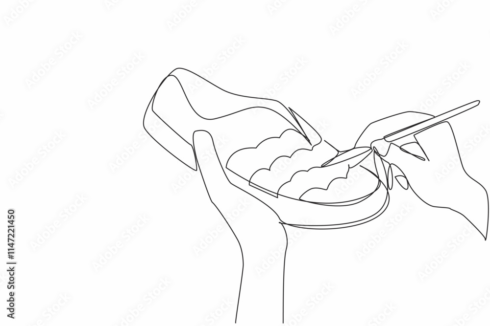 Poster continuous one line drawing two hands are painting a pattern on the front of shoe using a paint brus