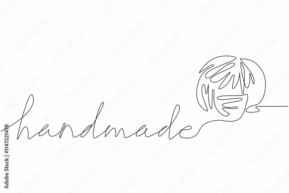 Poster single continuous line drawing a roll of thread that forms the word handmade. handicrafts that will 