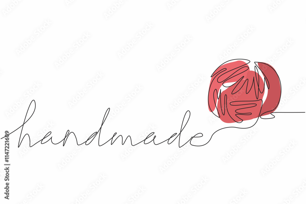 Poster single continuous line drawing a roll of thread that forms the word handmade. handicrafts that will 
