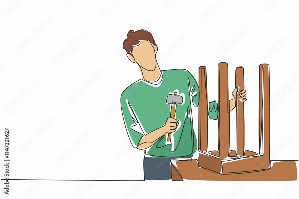 Poster continuous one line drawing a man fixing a chair in inverted position with hammer. skill and patienc